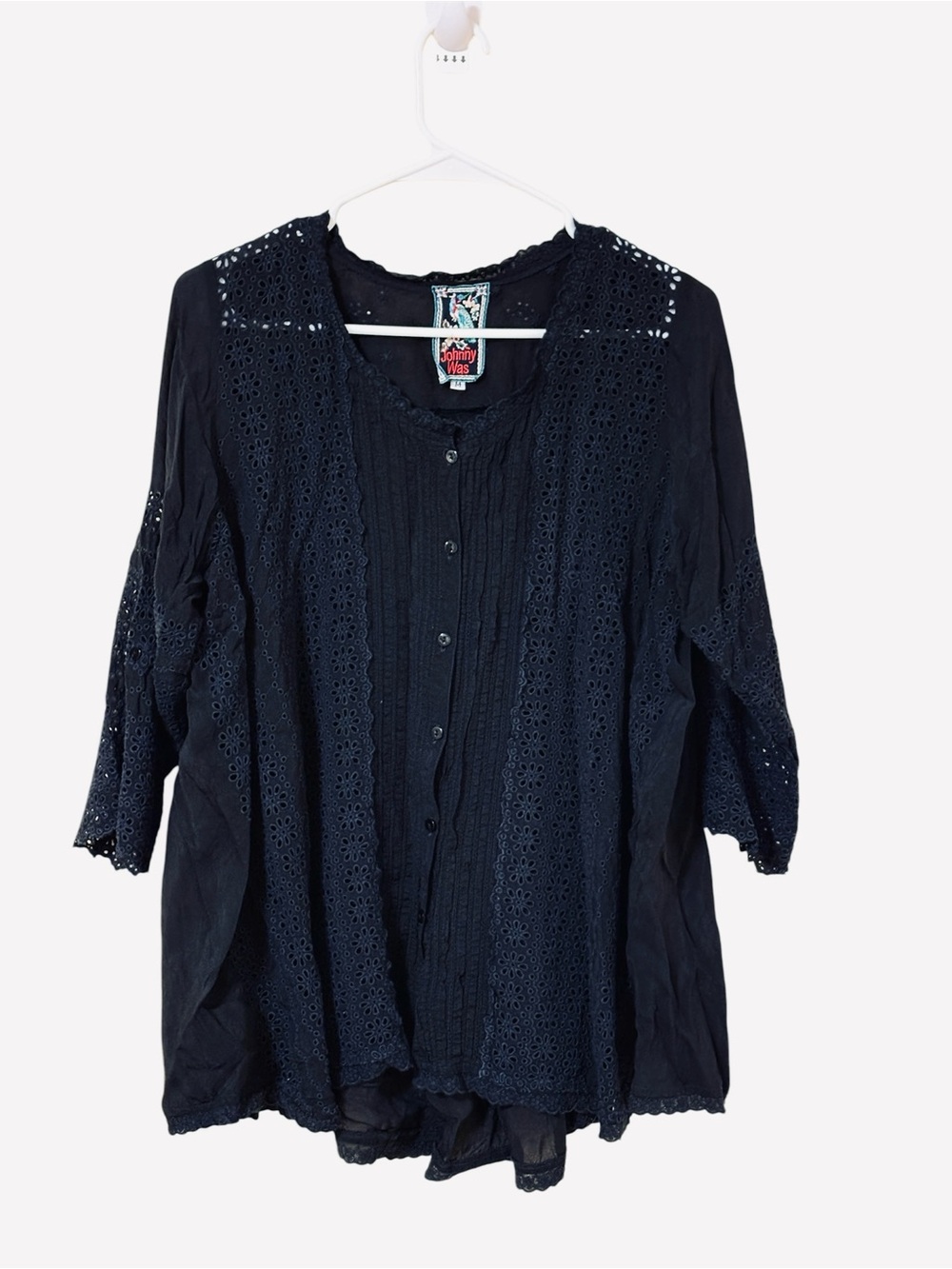 Johnny Was Black Top Blouse Cupra Rayon Eyelet Embroidered Boho Tunic M